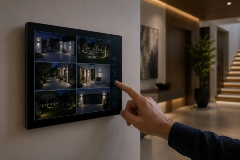 AI illustration: wall touch panel showing a security overview (stand-in image)
