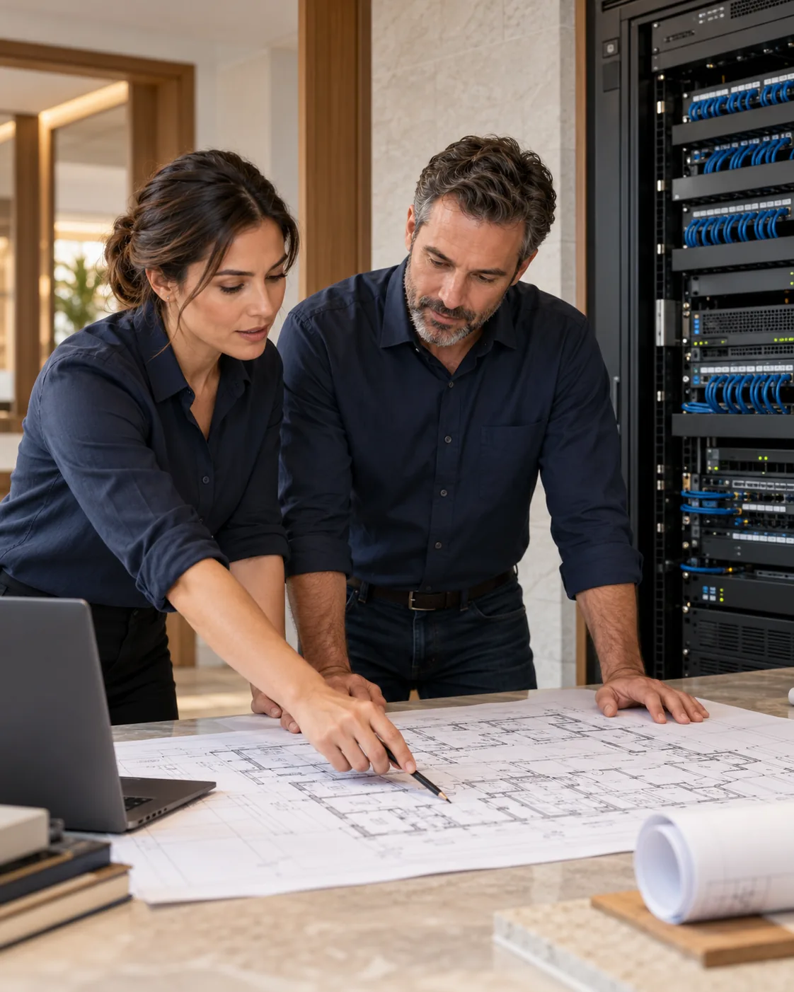 Two technology professionals reviewing a floor plan beside an organized network rack — AI-generated illustration.