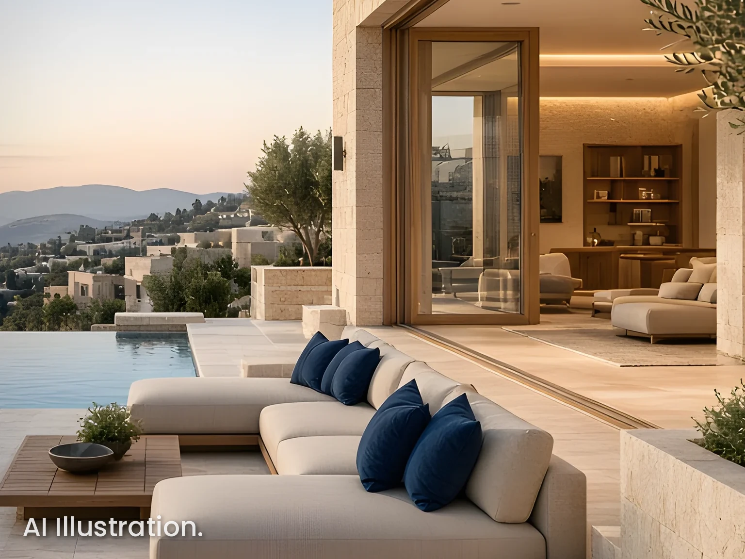 AI illustration: premium residence terrace with pool at dusk | המחשה (AI): טרסה של בית יוקרה עם בריכה בשעת בין ערביים