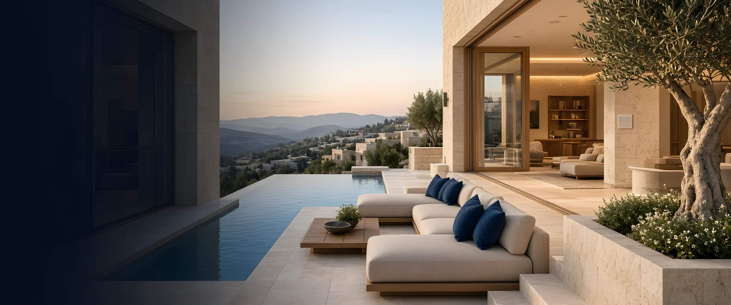 Premium residence terrace with pool at dusk (AI illustration)