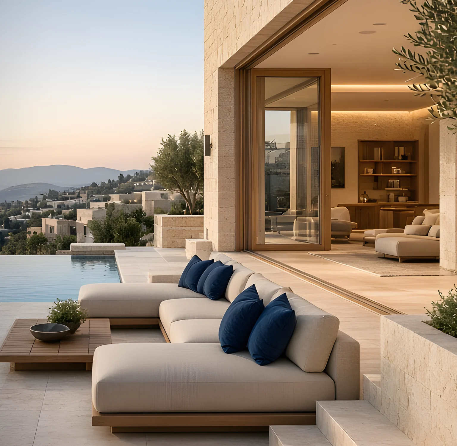 AI illustration: premium residence terrace with pool at dusk | המחשה (AI): טרסה של בית יוקרה עם בריכה בשעת בין ערביים