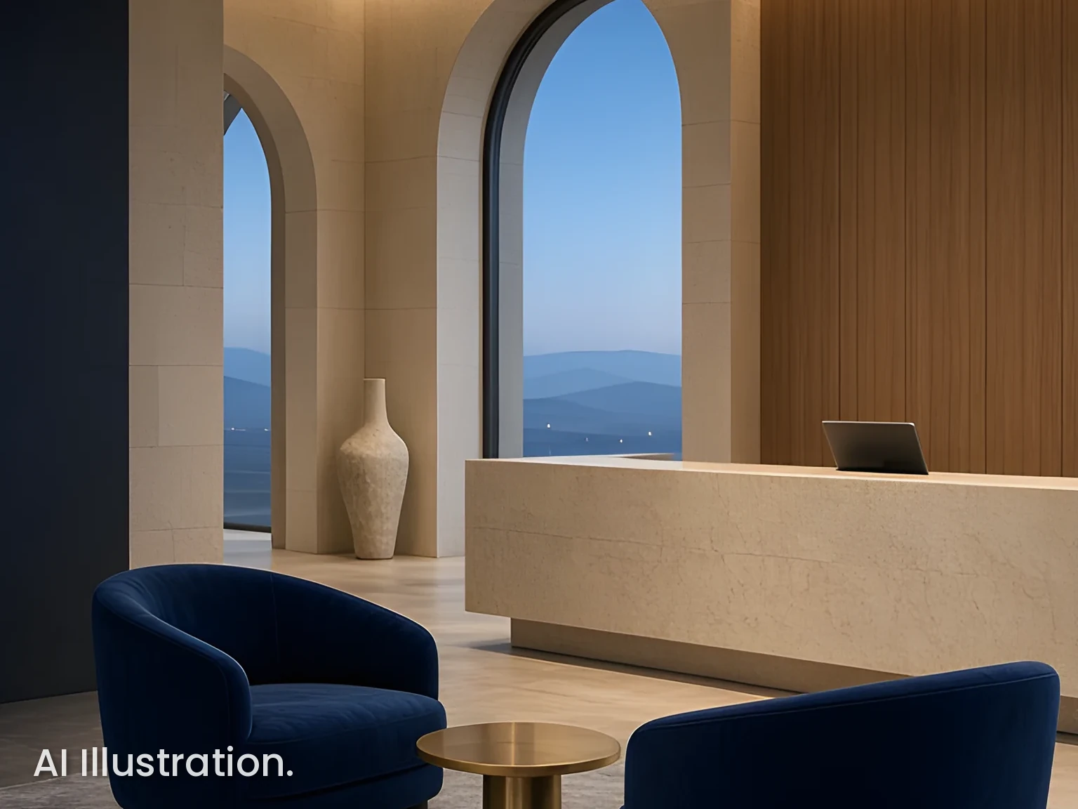 AI illustration: hotel lobby with arched windows at dusk | המחשה (AI): לובי מלון עם חלונות מקושתים בשעת בין ערביים