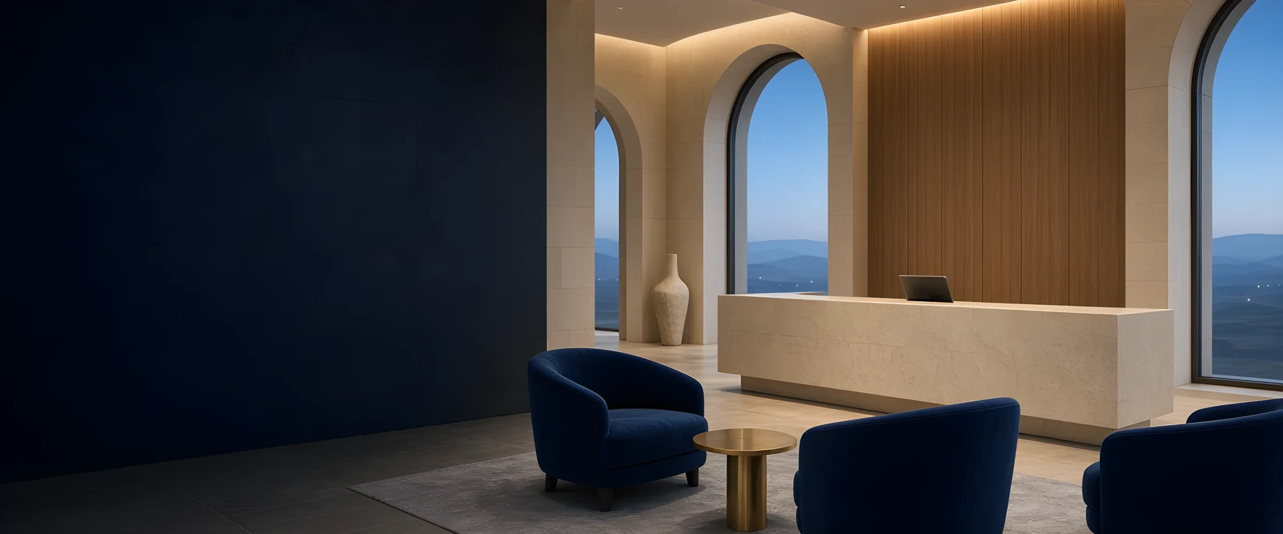 Hotel reception lounge with stone arches (AI illustration)