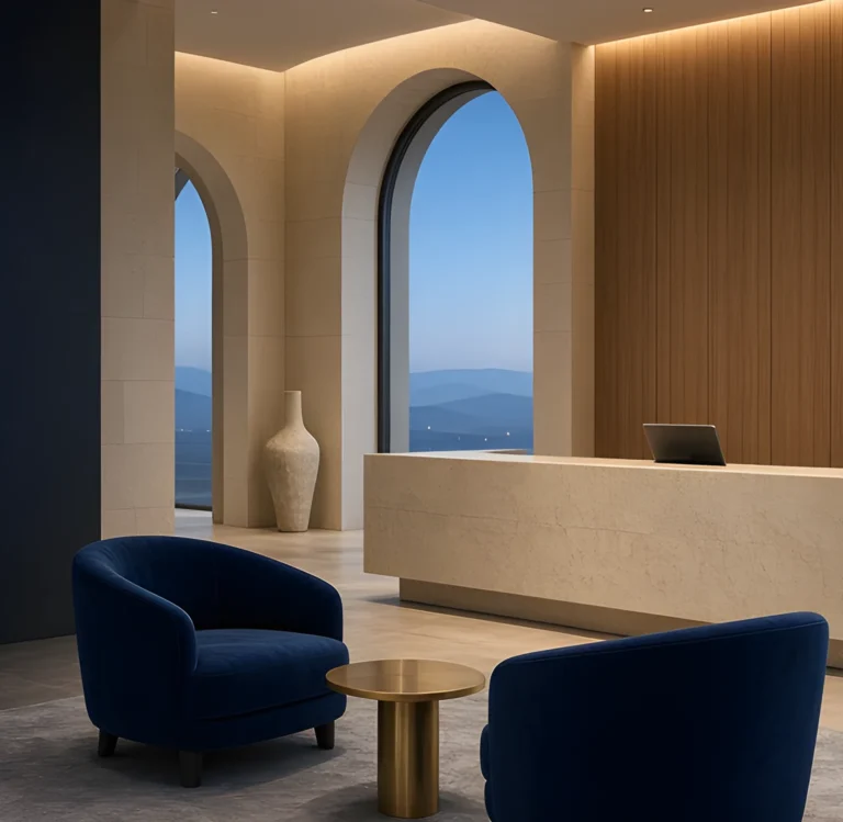 AI illustration: hotel reception lounge with stone arches, navy armchairs and warm timber