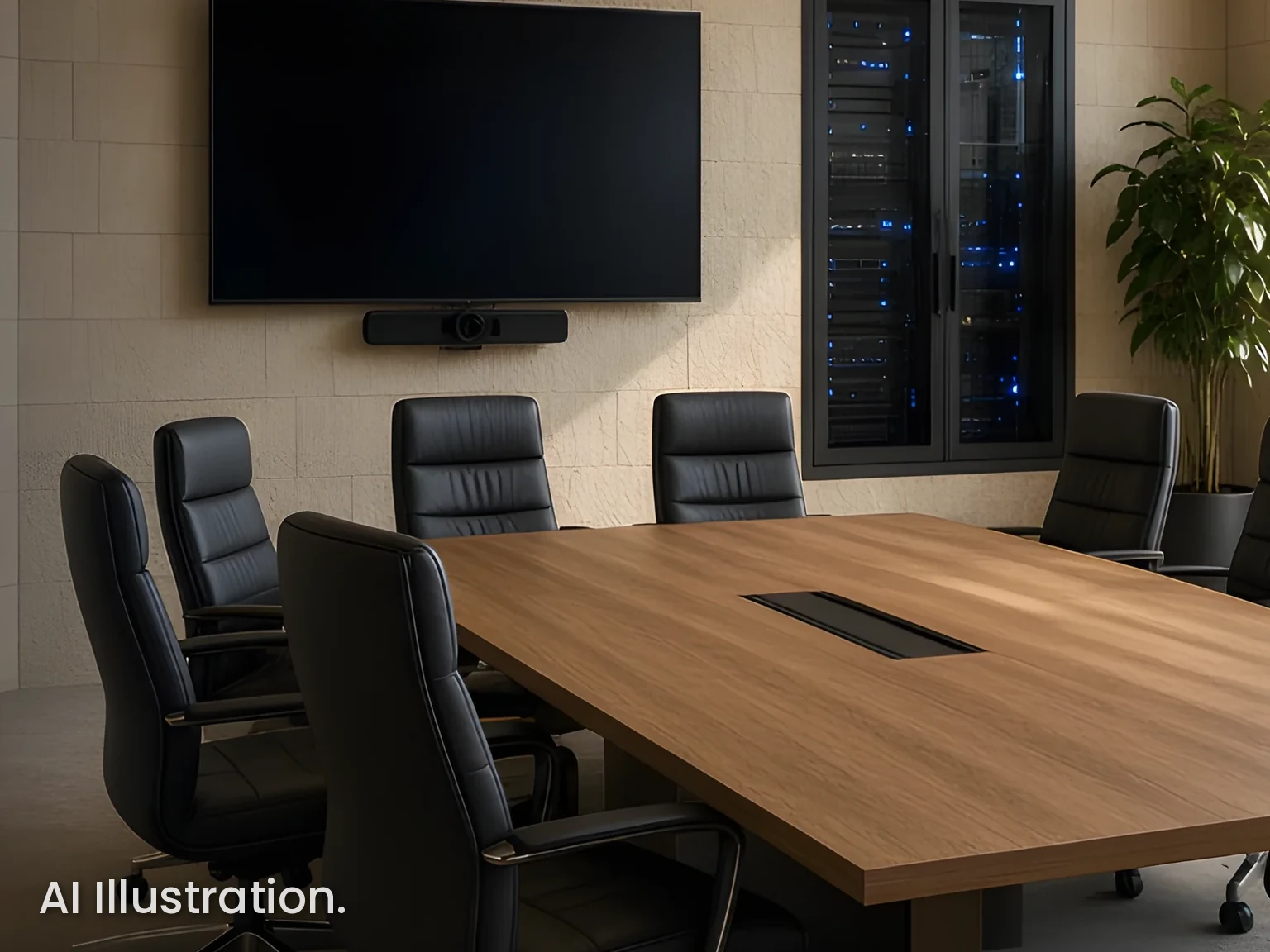AI illustration: modern meeting room with display and conference table | המחשה (AI): חדר ישיבות מודרני עם מסך ושולחן כנסים
