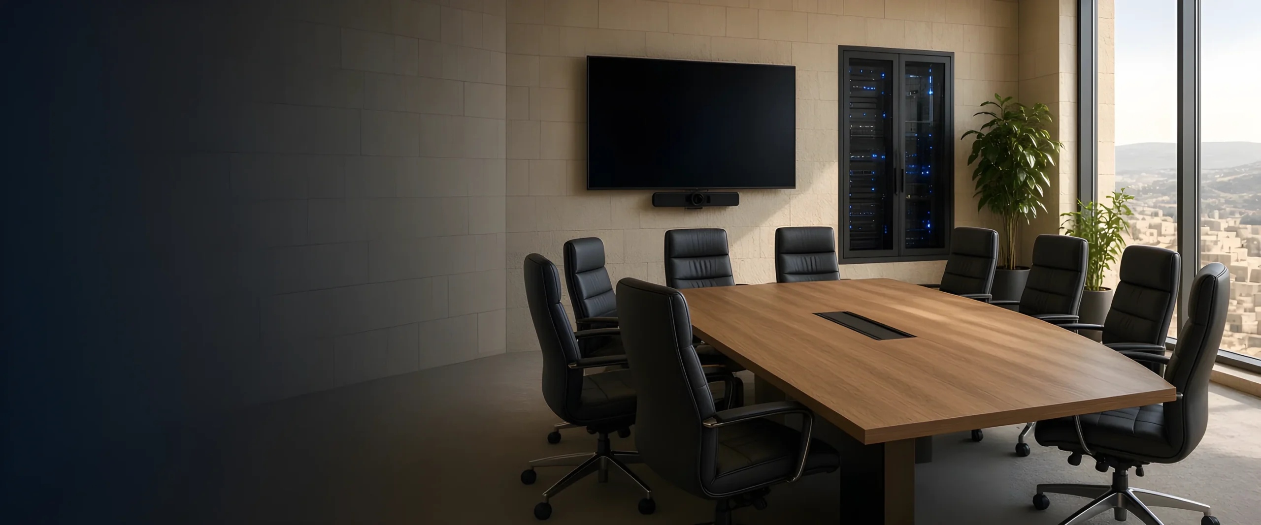 Business meeting room with network cabinet (AI illustration)