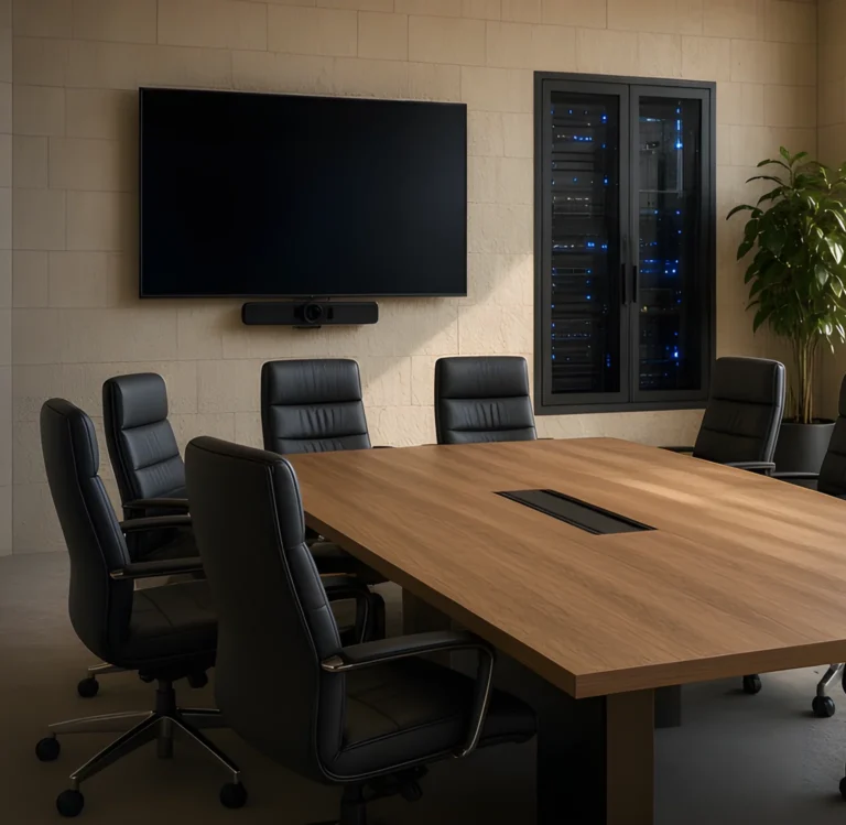 AI illustration: business meeting room with a wall display, soundbar and network cabinet