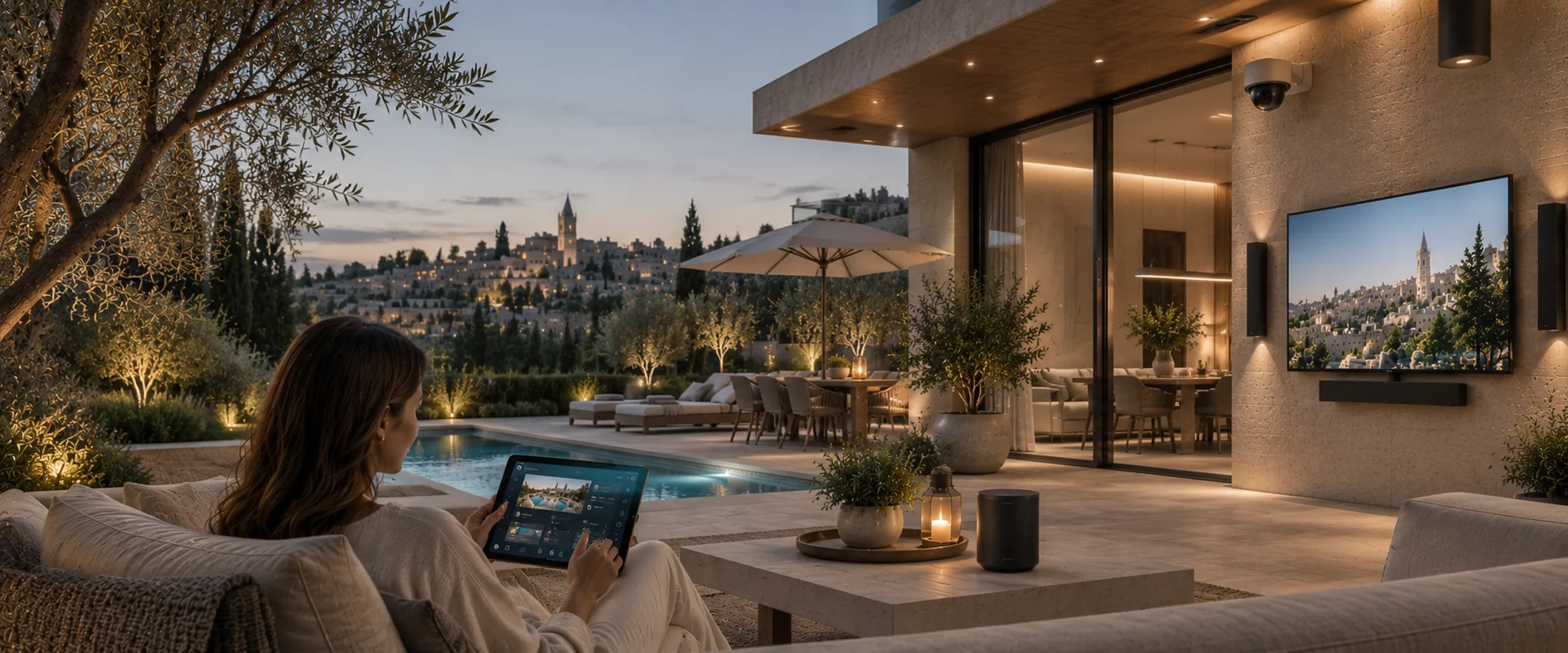 Terrace with pool, woman using smart home tablet, Jerusalem view (AI visualization)