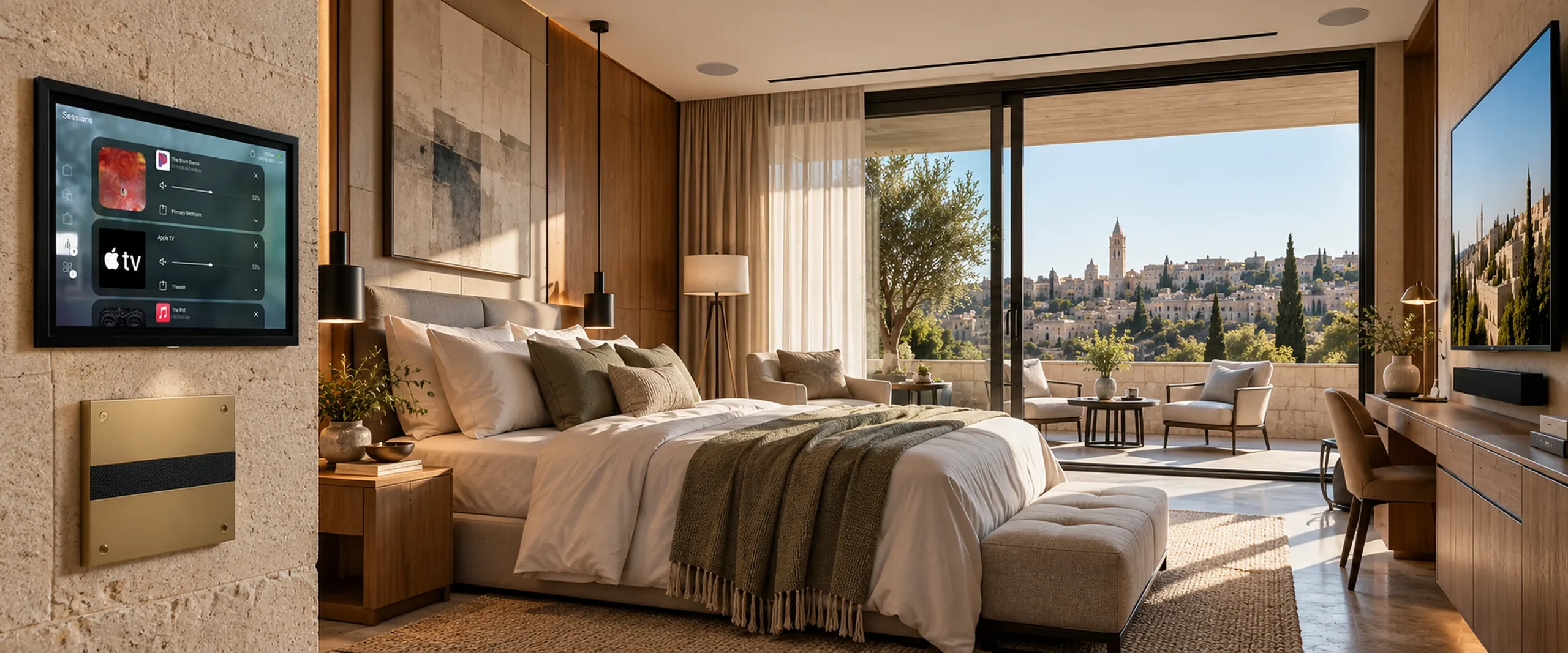 Smart luxury bedroom with wall control panel and Jerusalem view (AI visualization)