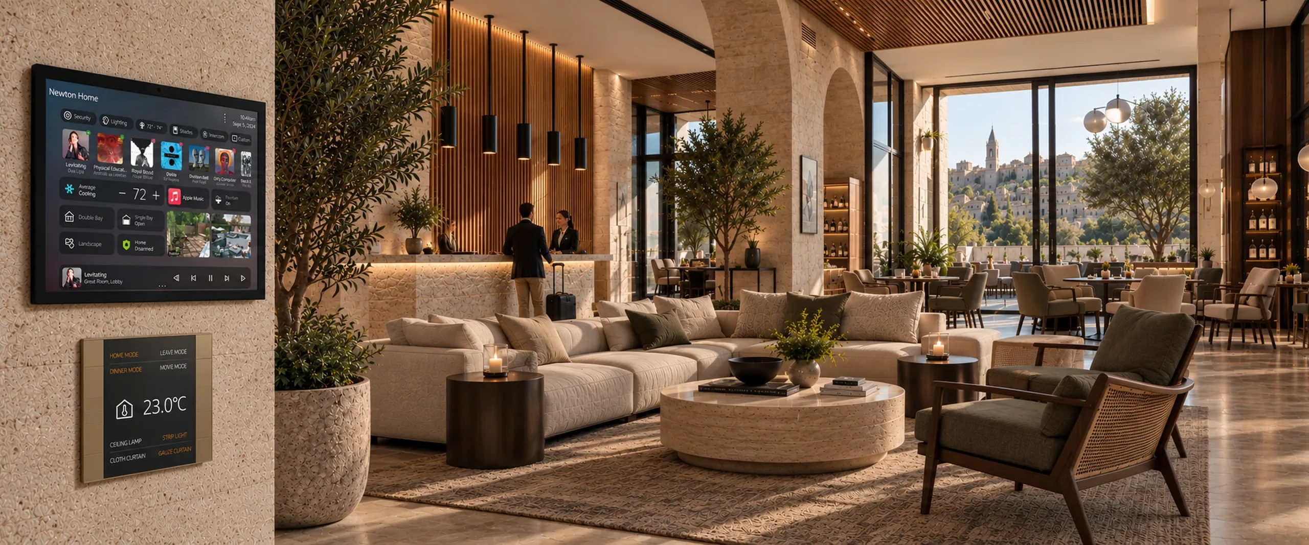 Hotel lobby with smart room control panel and Jerusalem view (AI visualization)