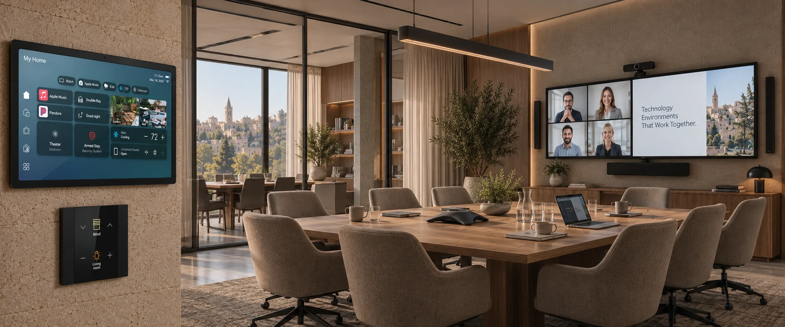 Boardroom with video conferencing wall and control panels (AI visualization)