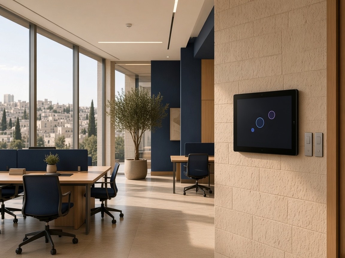 AI illustration: office with a wall-mounted building-automation touch panel and switches on a Jerusalem-stone wall