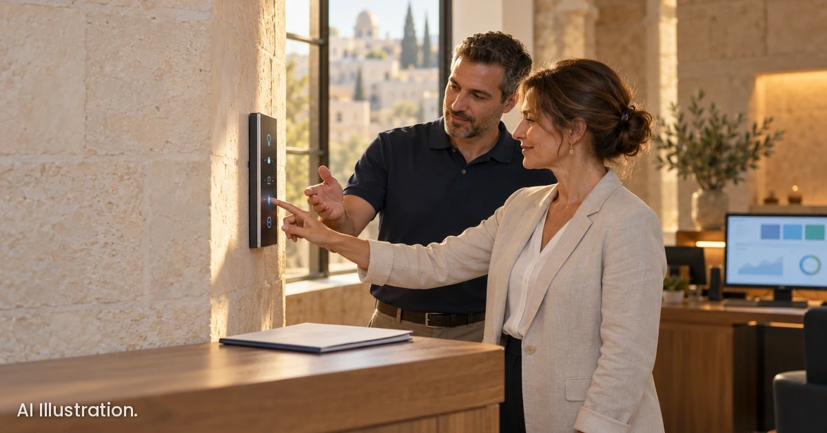 A BootNet specialist shows a client how to use a wall access panel in a Jerusalem-stone lobby (AI illustration)