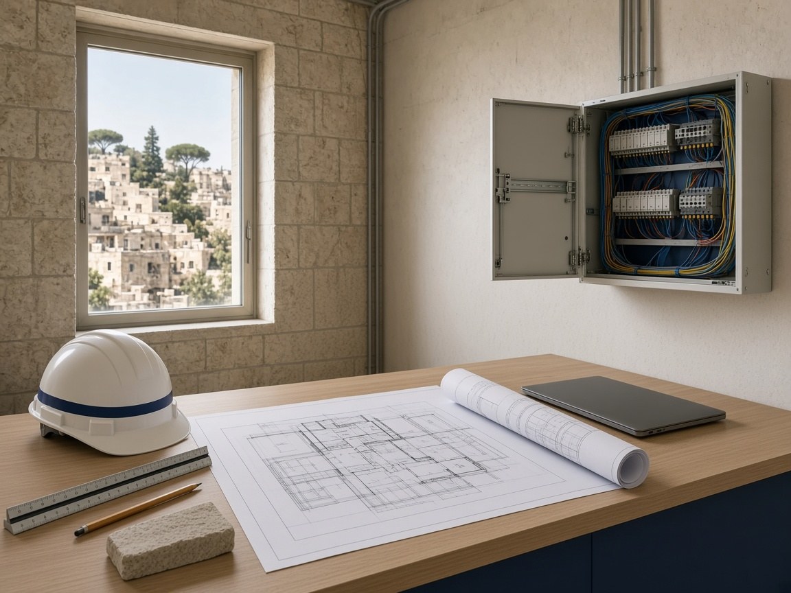 AI illustration: hotel technology planning desk with floor plans, a hard hat and a wall-mounted network cabinet, by a Jerusalem-stone window