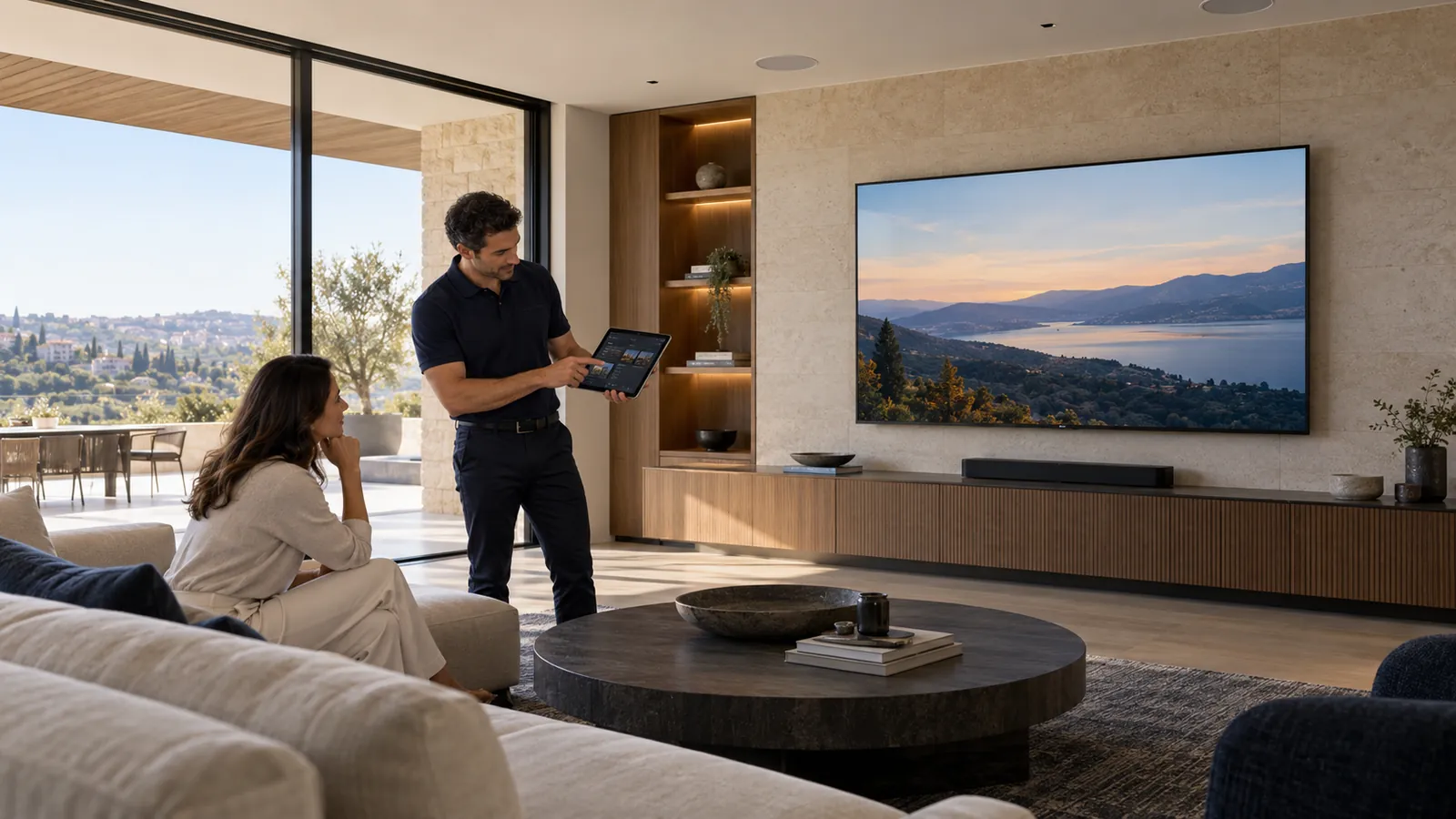 AI-generated illustration of a technician showing a tablet control app in a living room with a large wall-mounted screen and soundbar.