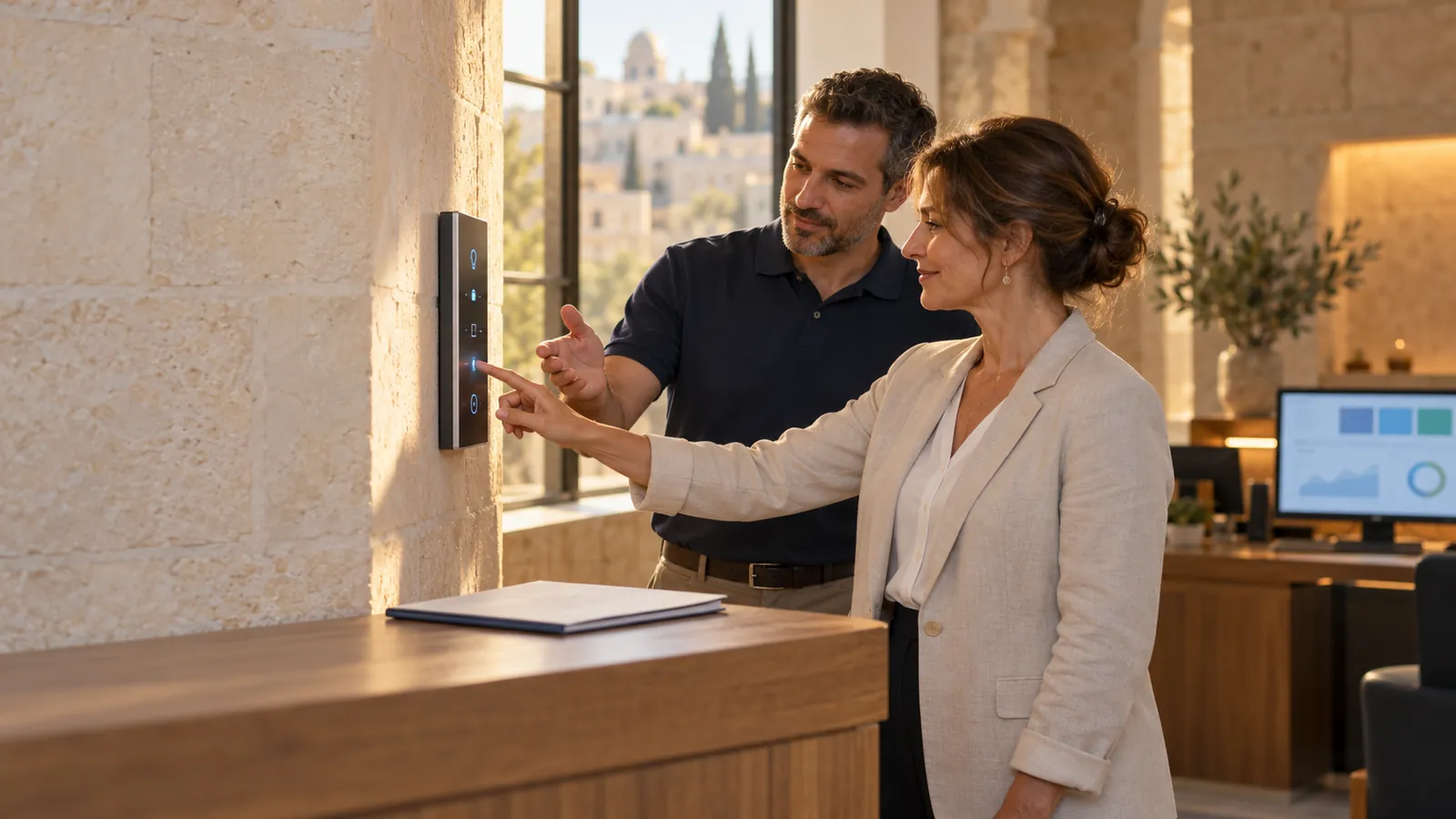 AI-generated illustration of a technology specialist guiding a manager at a wall control panel.