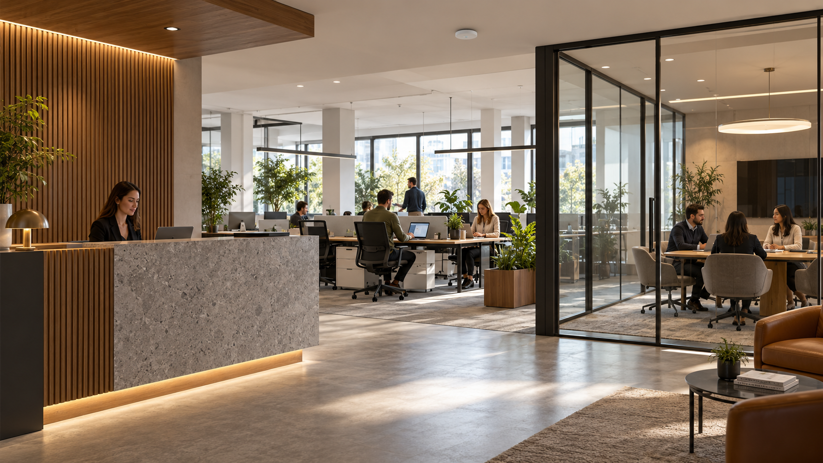Conceptual image of a bright open-plan office with a reception desk, shared work tables and a glass-walled meeting room