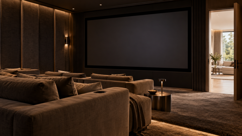 Conceptual image of a dark, upholstered home cinema room with a large screen, opening onto a bright living area through a doorway