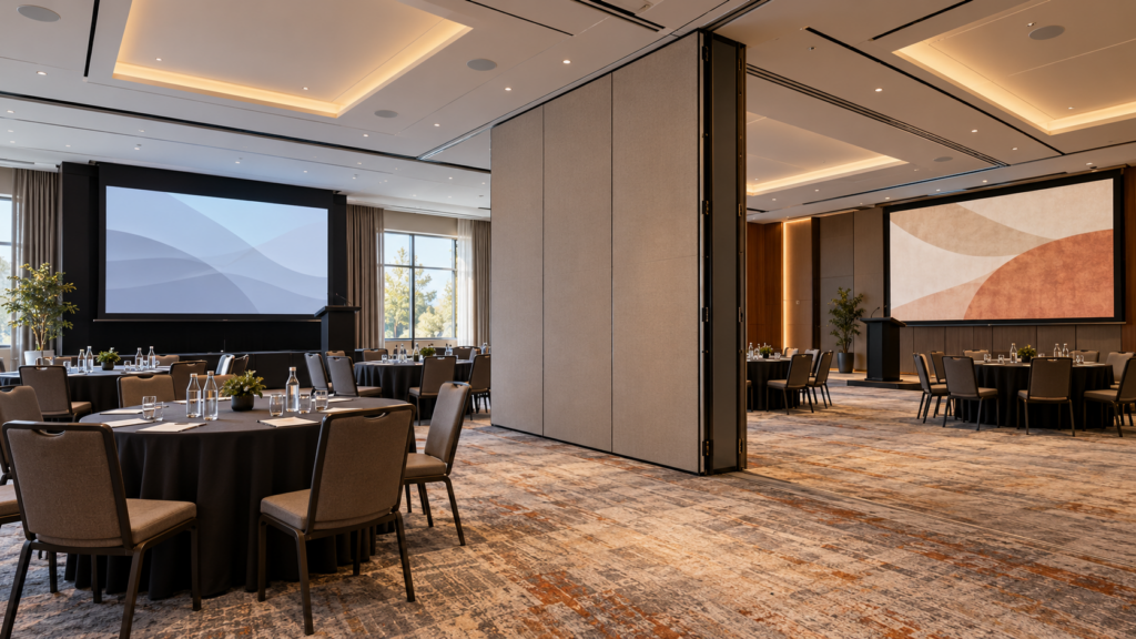 Conceptual image of a hotel conference hall divided by a movable partition, with a projection screen and banquet tables on each side