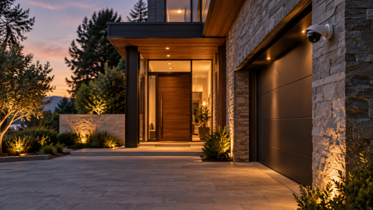 AI illustration: premium home entrance at dusk with a discreet security camera