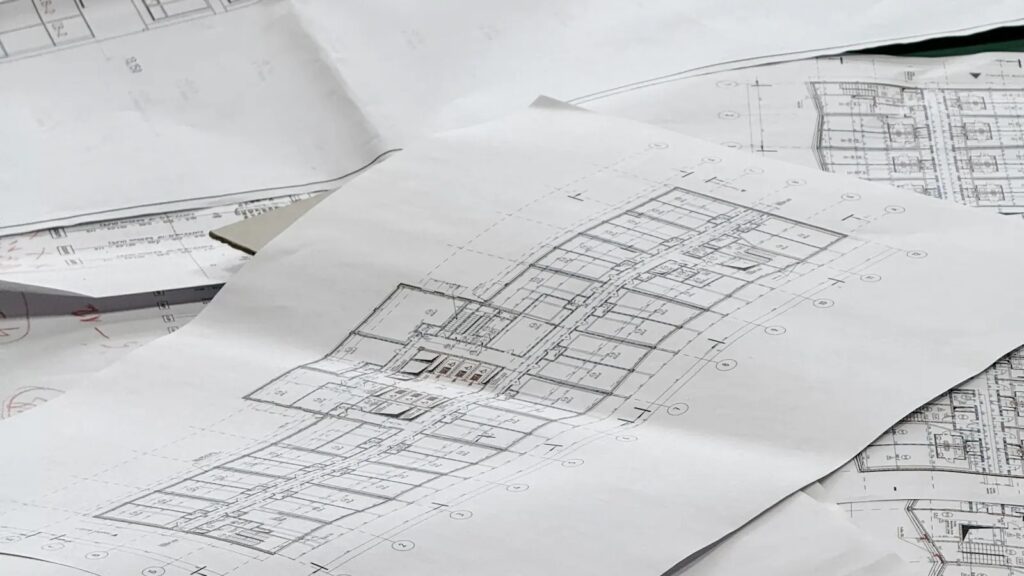Architectural floor plans spread across a table during the design stage of a home
