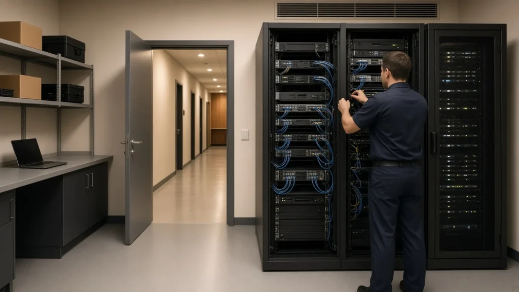 Hotel technician working at neatly cabled network racks in a bright, well-organised communications room (AI illustration)
