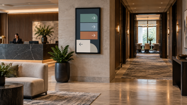 AI illustration: hotel lobby corridor with a wall-mounted wayfinding display