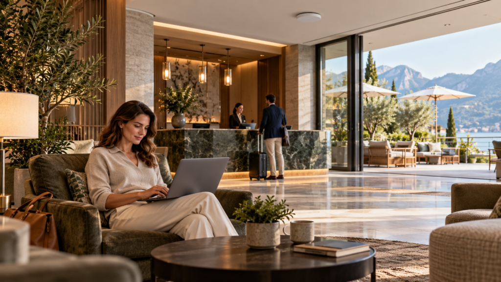 Conceptual image of a guest working on a laptop in a bright hotel lobby lounge, with reception and a terrace in the background