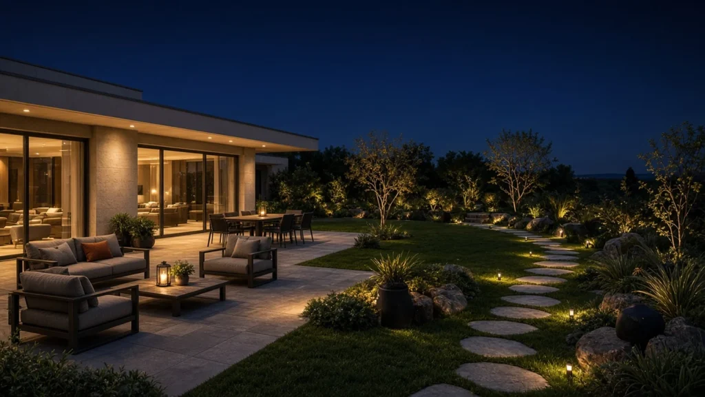 Premium home garden at dusk with a terrace, lawn and stone path, with discreet speakers blended into the landscape (AI illustration)