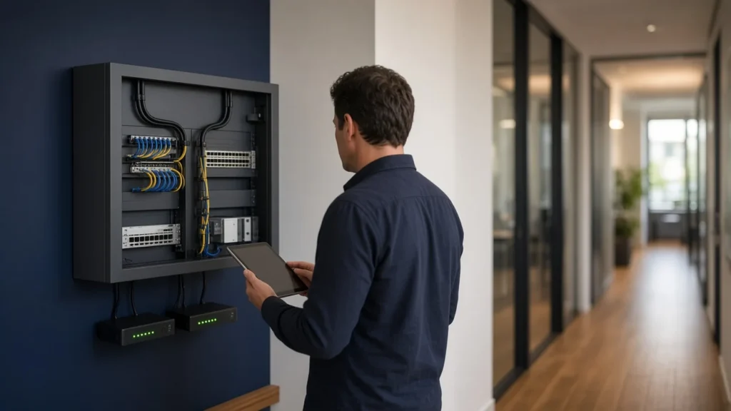 IT professional checking a wall-mounted network cabinet fed by two separate internet lines in a modern office corridor (AI illustration)