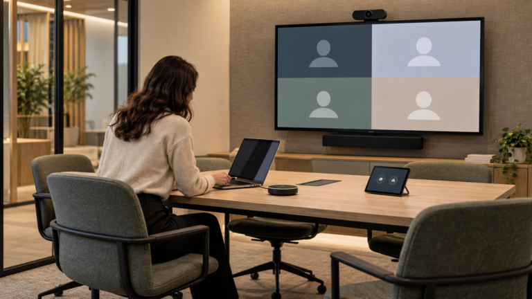 AI illustration: colleague on a video call in a modern meeting room