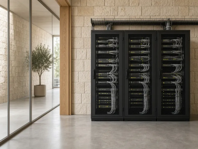 AI illustration: network equipment cabinets in a stone-walled office with glass partitions