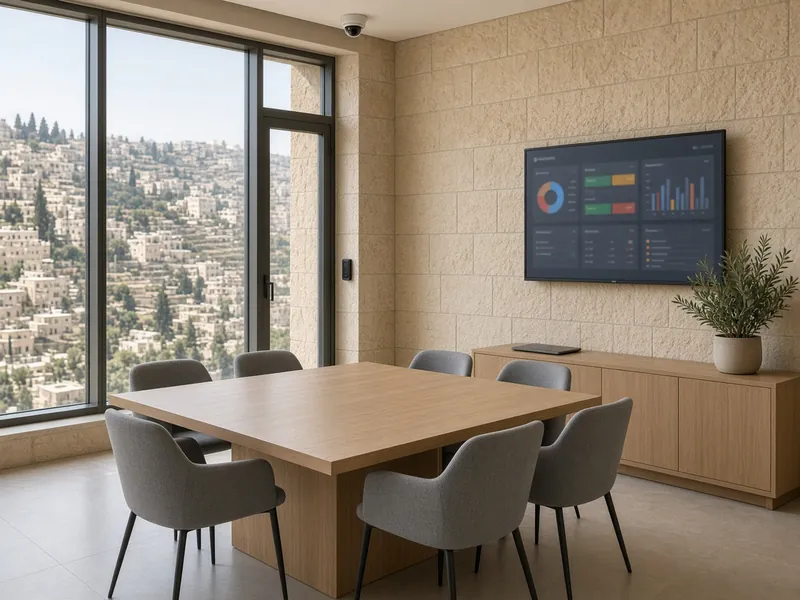 AI illustration: meeting room with a wall display and ceiling camera, city view
