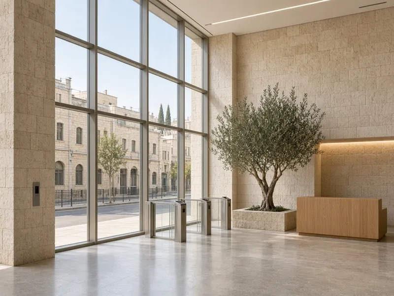 AI illustration: office entrance with an access turnstile and glass facade