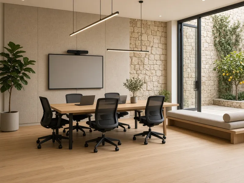 AI illustration: meeting room with a wall display, camera bar and conference table