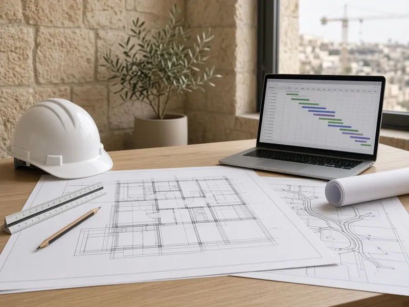 AI illustration: hard hat, floor plans and a project schedule on a laptop