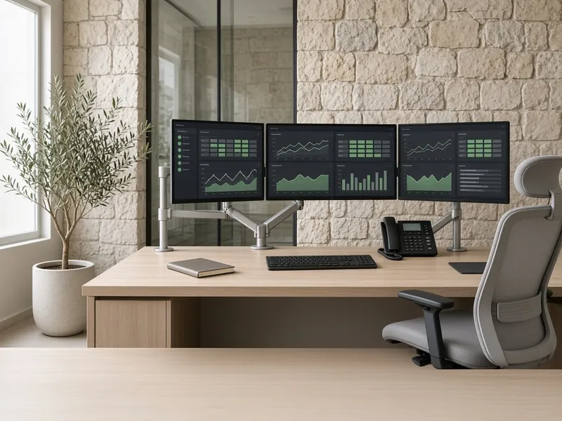 AI illustration: monitoring dashboards on a workstation with a desk phone