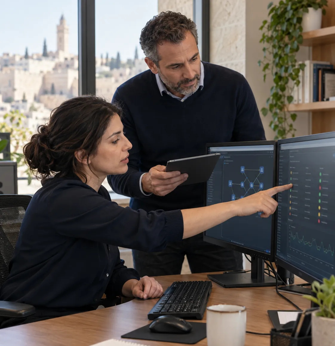 Two technology professionals reviewing system dashboards together — AI-generated illustration.