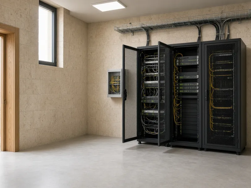 AI illustration: hotel technical room with open network racks