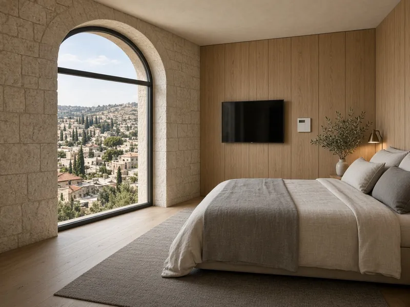 AI illustration: hotel guest room with a wall-mounted TV, arched window and city view