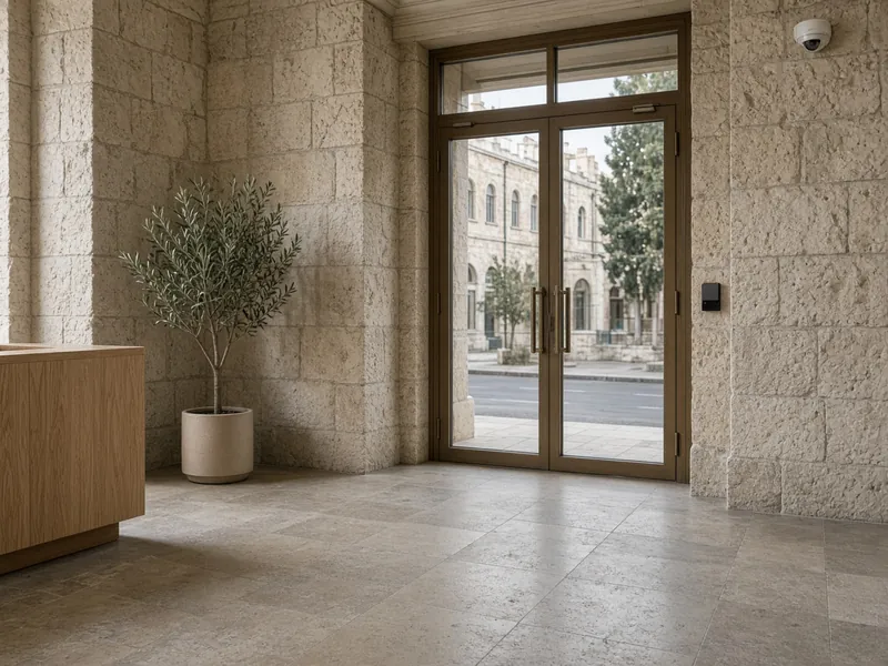 AI illustration: hotel entrance with glass doors, an access reader and a ceiling camera