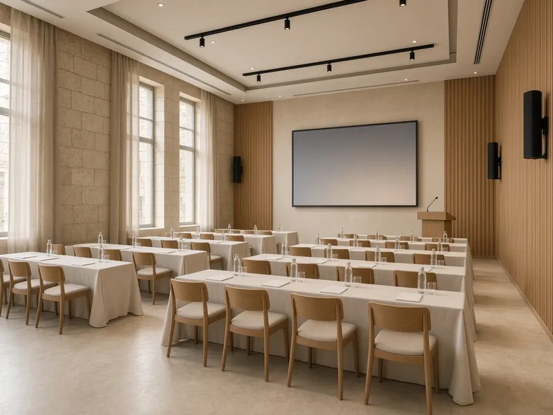 AI illustration: hotel conference hall set classroom-style with a projection screen