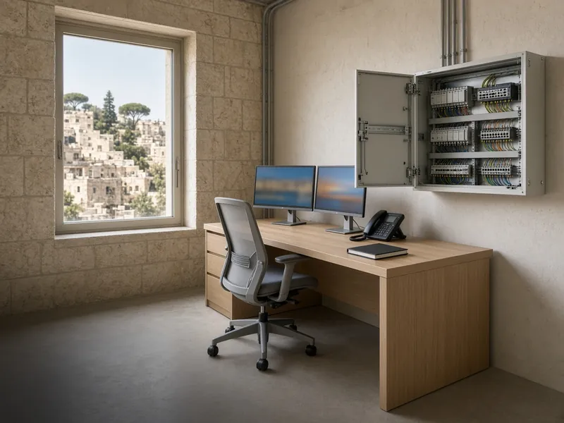 AI illustration: hotel back office with a workstation, IP phone and wall-mounted network cabinet