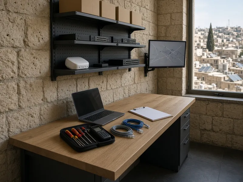 AI illustration: technical support desk with a laptop, tools and a wall-mounted screen