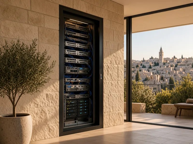 AI illustration: network equipment rack set into a Jerusalem-stone wall beside a terrace view