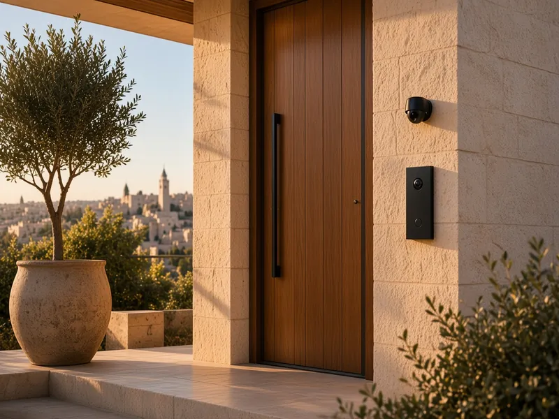 AI illustration: timber entrance door with a discreet intercom panel and camera, stone walls