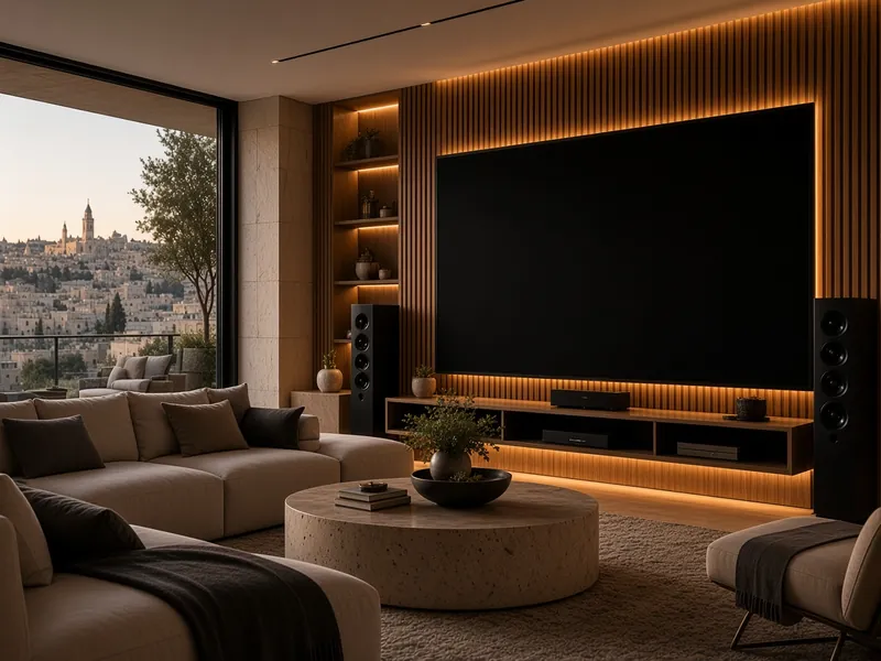 AI illustration: living room with a wall-mounted screen, in-wall speakers and warm cove lighting