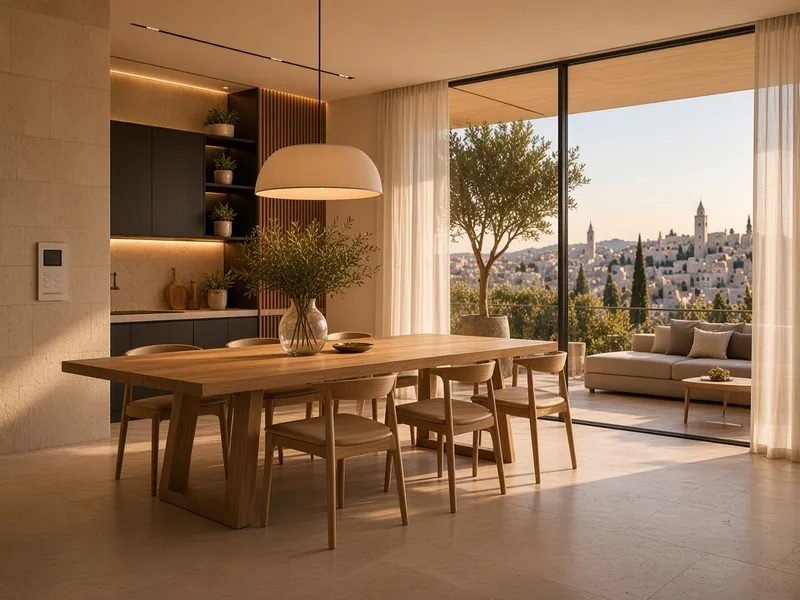 AI illustration: dining area with pendant light, discreet wall switches and a climate controller