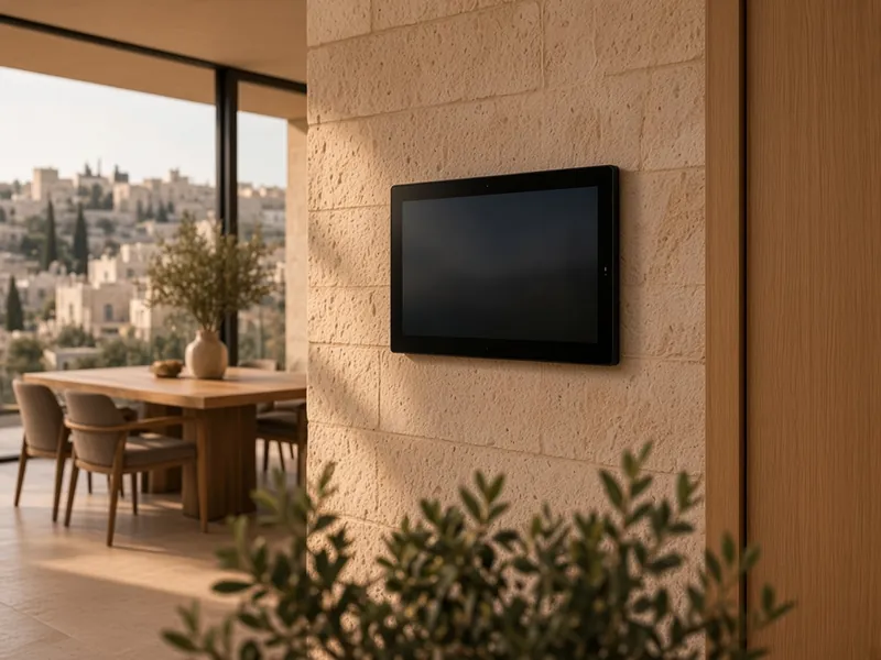 AI illustration: flush wall touch panel in a limestone wall beside a dining area