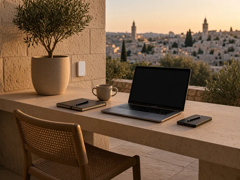 AI illustration: laptop, notebook and phone on a stone desk with a Jerusalem view